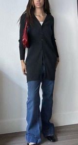 Black Ribbed Long Button Up Cardigan L Size M Photo 0