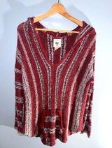 Women Medium Sweater Red Orange Stripe V Neck Hooded Pocket Photo 0