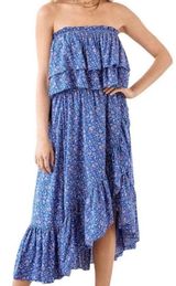 Garden Party Perfection Blue Floral Print Strapless Midi Dress Photo 0