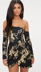 PrettyLittleThing Black Floral Sequin Bardot Bodycon Dress Photo 0