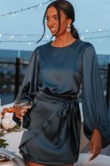 Petal & Pup Opal Navy Blue Satin Long Balloon Sleeve Wrap Mini Dress 4 Photo 0