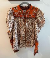 House of Harlow 1960 Mixed Floral Print Puff Sleeve Peasant Blouse Size Medium Orange Photo 0