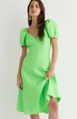 Puff Sleeve V Neck Midi Dress in Linen Blend Photo 0