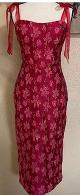 NWOT Lulus Lovely Darling Magenta Floral Jacquard Tie-Strap Midi Dress Photo 0