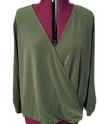 MICHAEL KORS Faux Wrap Cross Front 3/4 Sleeve Green Knit Top Gold Button NWT XL Photo 0