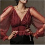 NWOT Anthropologie Tulle Blouse Wine Balloon Sleeve Tulle Lace Women's Size L Photo 0