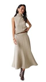 OGL FuzzLuxe Beige High Waisted Umbrella Hem Midi Skirt Womens Size L Pockets Tan Size L Photo 0