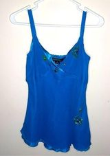 Blue Silk Beaded Sequin Babydoll Triangle Tank Top Blouse Small Photo 0