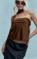 Brown Strapless Statin Top w Neck Scarf Photo 0