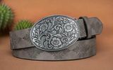 Gray Fashionable Embossed Faux Leather‎ Belt Oval Flower Leaf Buckle Stylish Photo 0