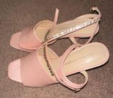 blush baby pink open toed heel with embellished rhinestone strap Photo 0