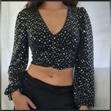 Altar'd State Bishop Sleeves Embellished Star Black Silver Crop Top Blouse Small Photo 0