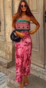 ZARA NWT Strapless Printed Midi Maxi Dress Sz XL Pink Abstract Floral Slip Photo 0