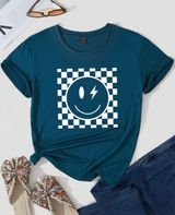 Teal Checkered Smiley Face T-Shirt Photo 0