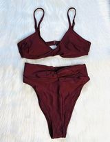 Maroon Twisted Top Hi Cut Cheeky Bikini Set Photo 0