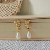 Vintage Gold Swirl Pearl Drop Earrings “Seraphine” Stud Rhinestone Dangle Classic Photo 0