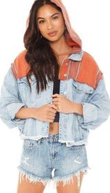 Baja Hooded Denim Jacket Light Wash Denim Orange Size Medium Photo 0