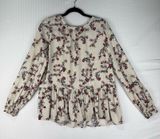 LOFT Ann Taylor White Floral Print Ruffle Peplum Long Sleeve Blouse Size Medium Photo 0