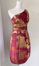 Aidan Mattox  Burgundy & Gold One Shoulder Silk Mini Dress Photo 0