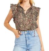 BB Dakota X Steve Madden Ditsy Floral Ruffle Tie Babydoll Cap Sleeve Top Black L Photo 0