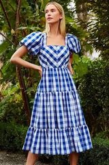 Antonio Melani Amara Short Puff Sleeve Square Neck Gingham Tiered Flounce Hem A-Line Midi Dress Photo 0