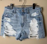 American Eagle Mom Denim Jean Shorts 8 Light Wash Distressed Destroyed High Rise Photo 0