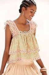 Let Me Be Tiered Eyelet Top Pink Paisley Floral Boho Sleeveless XS Photo 0
