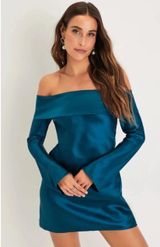 XL Luxurious Vision Teal Satin Off-the-Shoulder Mini Dress Photo 0