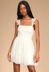 Lulus Flutter of My Heart White Swiss Dot Ruffle Tie-Back Short Mini Dress Large Photo 0