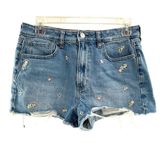 Dainty Flower Embroidered Mom Short Denim Shorts Raw Fray Hem Photo 0
