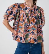 Olivaceous medium peasant blouse Agatha top pleated button front puff sleeve Photo 0