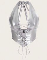Metallic Silver Lace Up Halter Crop Top Photo 0