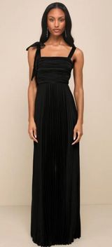 New Gorgeous Purpose Black Satin Pleated Sleeveless Bow Maxi Dress Photo 0
