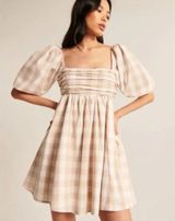 Abercrombie & Fitch Emerson Poplin Puff Sleeve Gingham Tan White Mini Dress Smal Photo 0