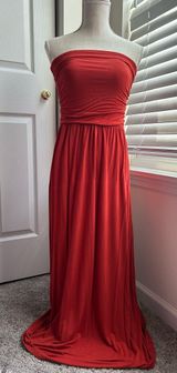 Hearts & Hips Terracotta Jersey Stretch Rusched  Bandeau Strapless Maxi Dress Photo 0