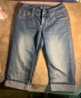 INC Denim Blue Jean Cropped Pants Capris Jewels Button Flap Pockets Size 2 Photo 0