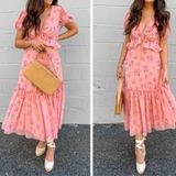 LoveShackFancy block print floral maxi midi dress bow floral print peach ruffle Photo 0