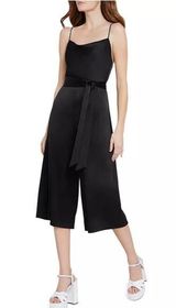 Alice + Olivia Harmon Cropped Belted Wide Leg Gaucho Satin Jumpsuit Black Size 2 Photo 0