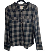 Roxy Size Large Flannel Gingham Plaid Button Down Shirt Grey Black Grunge Fall Photo 0