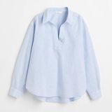 H&M Women’s Linen Cotton Longsleeve Top V-Neck in Light Blue Striped Coastal L Photo 0