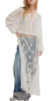 Free People Willow Boho Mesh Tulle Maxi Top Tunic Lace Embroidered White Sz L Photo 0