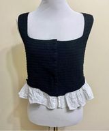 ZARA Black and White Lace Ruffle Crop Button Down Knit Crochet Tank Top Size L Photo 0