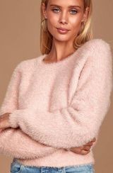 64- LuLu's cropped Love Me Sweetly Blush Pink Eyelash Knit Sweater Small Photo 0