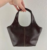 Vintage 90s Y2K Dark Brown Vinyl Faux Leather Cross Stitch Mini Handbag Purse Photo 0