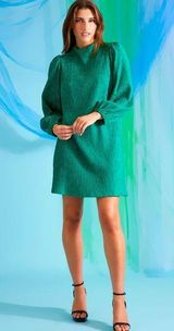 NWT Maggy London Lrg Mock Neck Jacquard Swing Dress Emerald Green Bishop Sleeve Photo 0