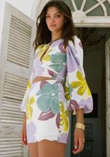 Sabo Zelle Linen Blend Keyhole Cutout Puff Sleeve Mini Dress Ivory Floral Photo 0