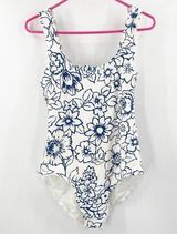 AERIE Swimsuit Medium One Piece Full Coverage White Blue Floral Unlined No Cups Photo 0