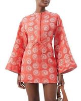 Staud Karlee Linen Long Sleeve Printed Bell Sleeve Mini Dress Coral Orange XS Photo 0