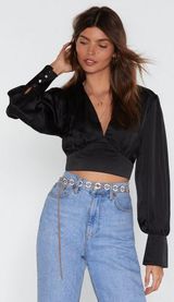 Nasty Gal Black Satin V-Neck Blouse Photo 0