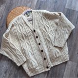 Vintage Celtic country ireland wool fisherman chunky cardigan sweater cream Size L Photo 0